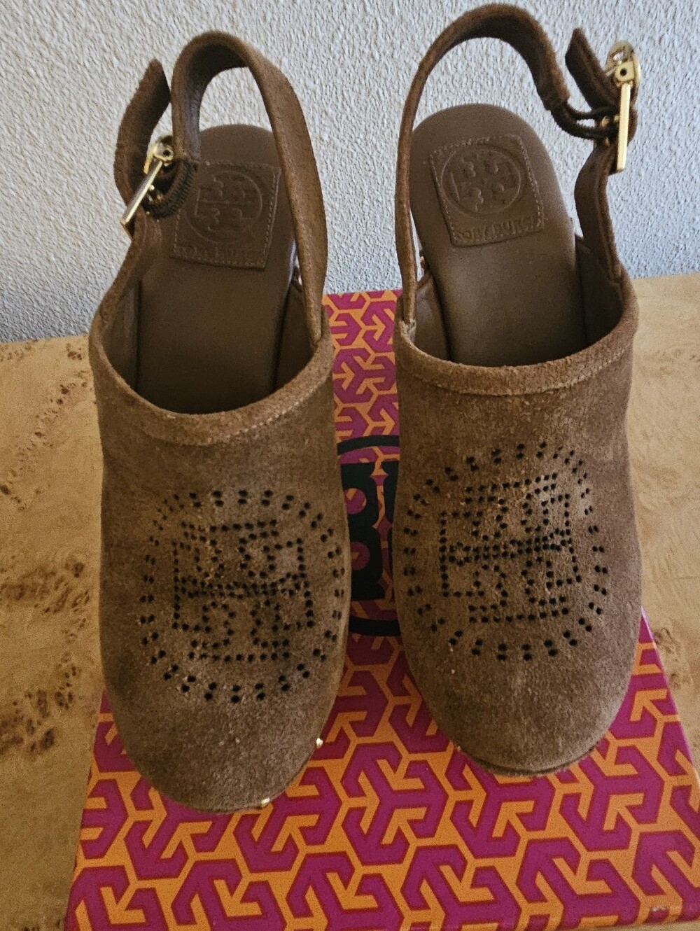 Tory Burch Brown Suede Perforated Logo Slingbacks